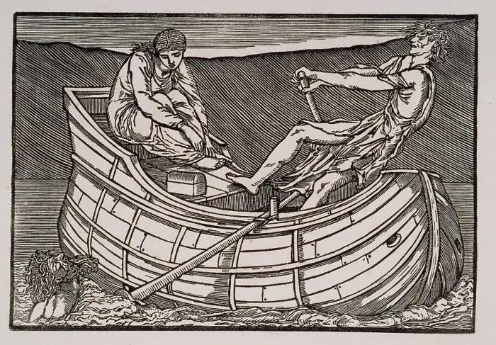 Framed Print : Cupid and Psyche - The dead Man rising from the Water as Psyche is ferried across the Styx, 1880. Creator: Sir Edward Coley Burne-Jones Framed Print : Cupid and Psyche - The dead Man rising from the Water as Psyche is ferried across the Styx, 1880. Creator: Sir Edward Coley Burne-Jones