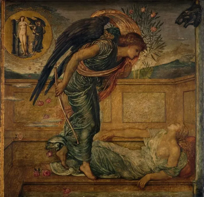 Framed Print : Cupid and Psyche - Palace Green Murals - Cupid Finding Psyche Asleep by a Fountain, 1881. Creator: Walter Crane Framed Print : Cupid and Psyche - Palace Green Murals - Cupid Finding Psyche Asleep by a Fountain, 1881. Creator: Walter Crane