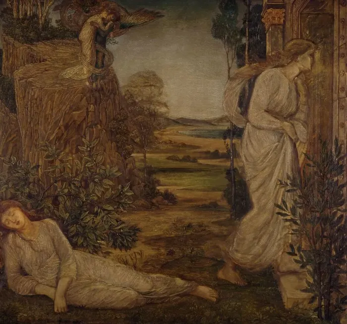 Framed Print : Cupid and Psyche - Palace Green Murals - Zephyrus Bearing Psyche to the Mountain, 1881. Creator: Walter Crane Framed Print : Cupid and Psyche - Palace Green Murals - Zephyrus Bearing Psyche to the Mountain, 1881. Creator: Walter Crane