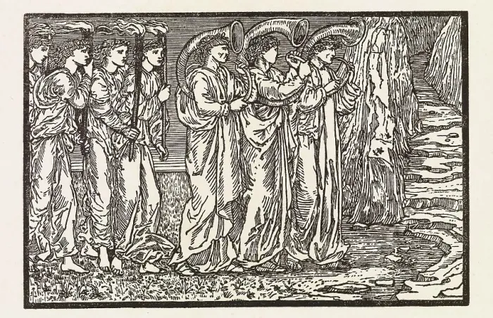 Framed Print : Cupid and Psyche - Procession of Musicians and Torchbearers accompanying Psyche to the... 1880. Creator: Sir Edward Coley Burne-Jones Framed Print : Cupid and Psyche - Procession of Musicians and Torchbearers accompanying Psyche to the... 1880. Creator: Sir Edward Coley Burne-Jones