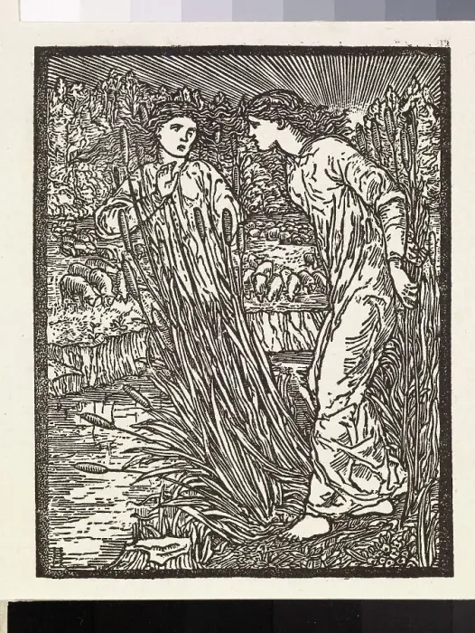 Framed Print : Cupid and Psyche - Psyche is set the Task of collecting the Golden Fleece from Venus Flocks... Creator: Sir Edward Coley Burne-Jones Framed Print : Cupid and Psyche - Psyche is set the Task of collecting the Golden Fleece from Venus Flocks... Creator: Sir Edward Coley Burne-Jones