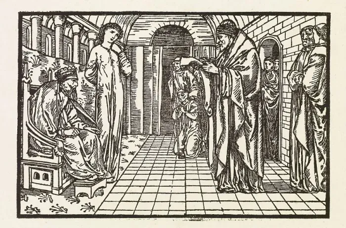 Framed Print : Cupid and Psyche - The reading of Apollo's Oracle to Psyche and her Father, 1880. Creator: Sir Edward Coley Burne-Jones Framed Print : Cupid and Psyche - The reading of Apollo's Oracle to Psyche and her Father, 1880. Creator: Sir Edward Coley Burne-Jones