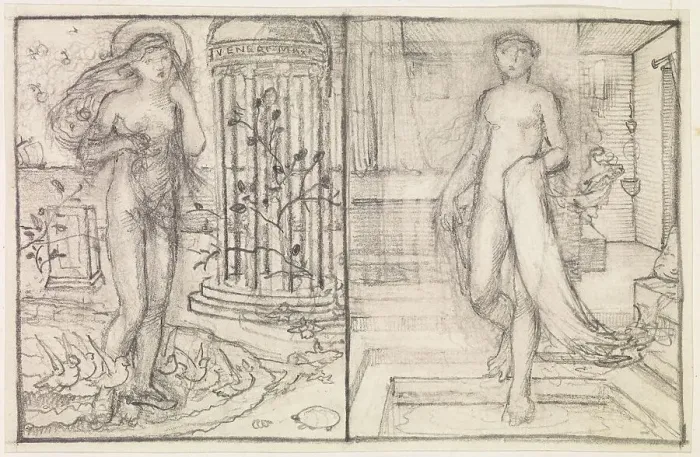 Framed Print : Cupid and Psyche - Two Studies of Venus on the Margin of the Sea and Psyche... c1860s. Creator: Sir Edward Coley Burne-Jones