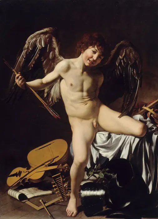 Framed Print : Cupid as Victor, ca 1601. Artist: Caravaggio, Michelangelo (1571-1610) Framed Print : Cupid as Victor, ca 1601. Artist: Caravaggio, Michelangelo (1571-1610)