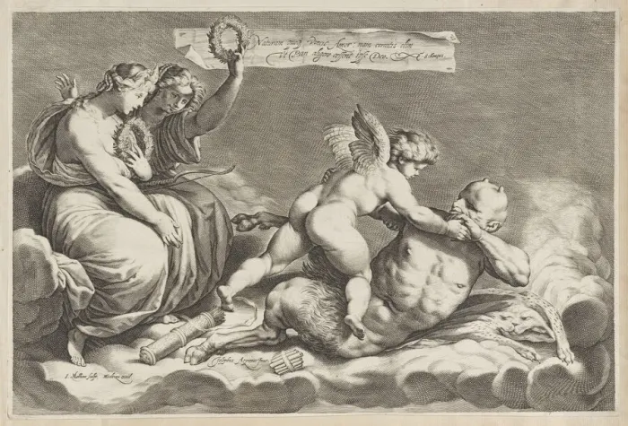 Framed Print : Cupid wrestling with Pan, amongst the clouds, with two allegorical women seated at le... 1598-1632. Creator: Jacob Matham Framed Print : Cupid wrestling with Pan, amongst the clouds, with two allegorical women seated at le... 1598-1632. Creator: Jacob Matham