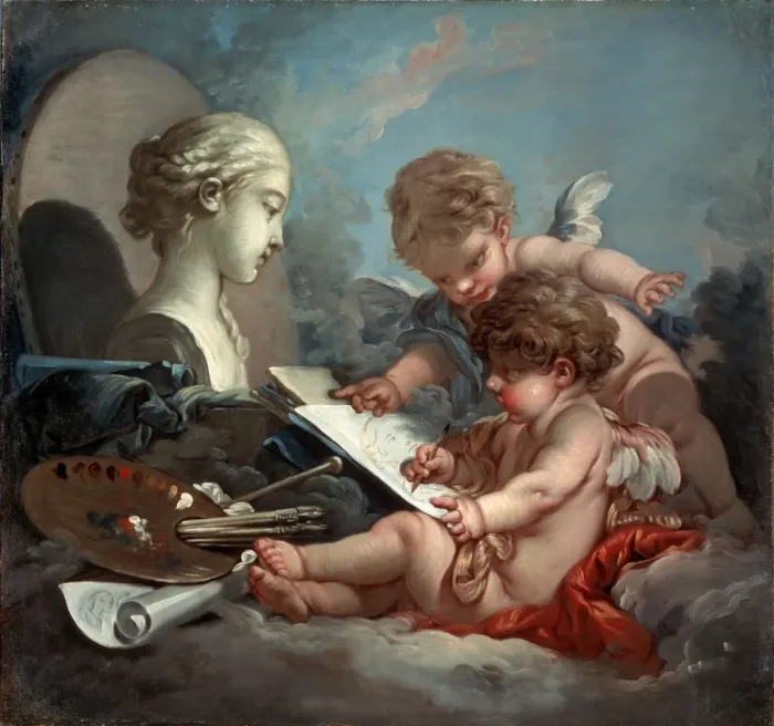 Framed Print : Cupids, allegory of painting, 1760s. Artist: Francois Boucher Framed Print : Cupids, allegory of painting, 1760s. Artist: Francois Boucher