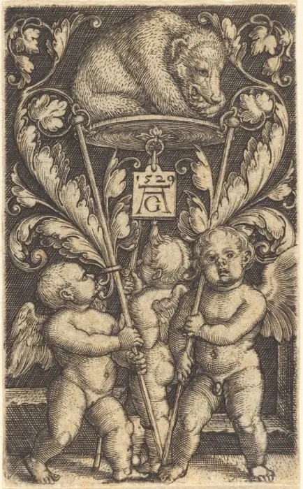 Framed Print : Three Cupids and a Bear, 1529. Creator: Heinrich Aldegrever Framed Print : Three Cupids and a Bear, 1529. Creator: Heinrich Aldegrever