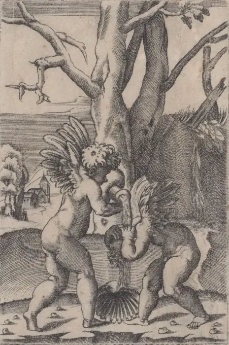 Framed Print : Two Cupids, ca. 1519. Creator: Agostino Veneziano Framed Print : Two Cupids, ca. 1519. Creator: Agostino Veneziano