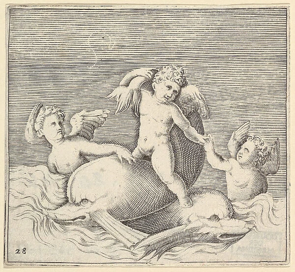 Three Cupids and Two Dolphins, published ca. 1599-1622. Creator: Unknown
