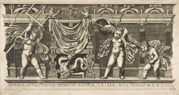 Framed Print : Three cupids in front of a facade with pilasters, one holding a trident and anoth... ca Framed Print : Three cupids in front of a facade with pilasters, one holding a trident and anoth... ca