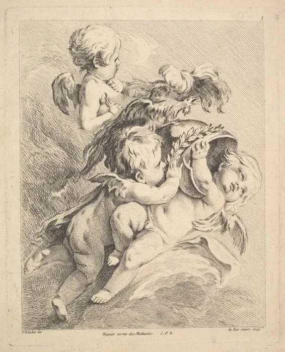 Framed Print : Three Cupids Holding a Helmet. Creator: Louis Felix de la Rue Framed Print : Three Cupids Holding a Helmet. Creator: Louis Felix de la Rue