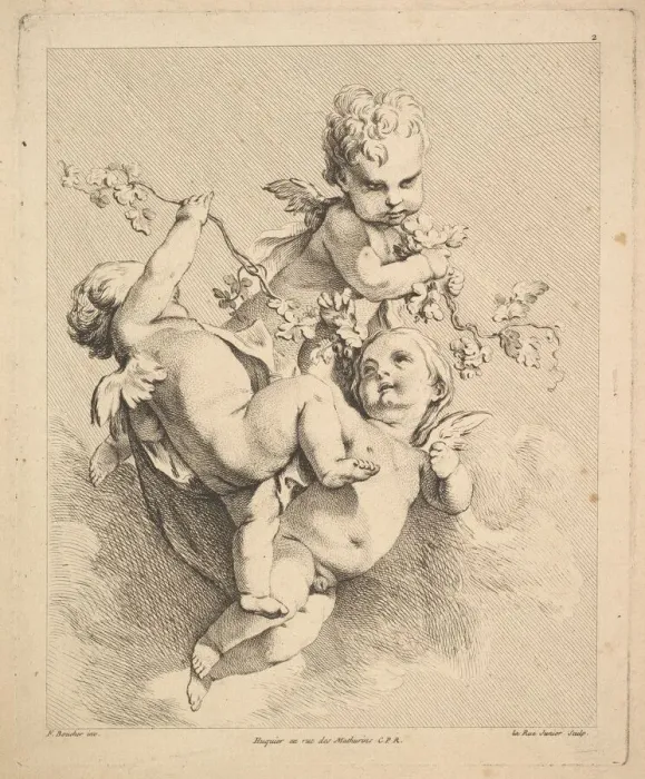 Framed Print : Three Cupids Playing with Vine Branches. Creator: Louis Felix de la Rue Framed Print : Three Cupids Playing with Vine Branches. Creator: Louis Felix de la Rue