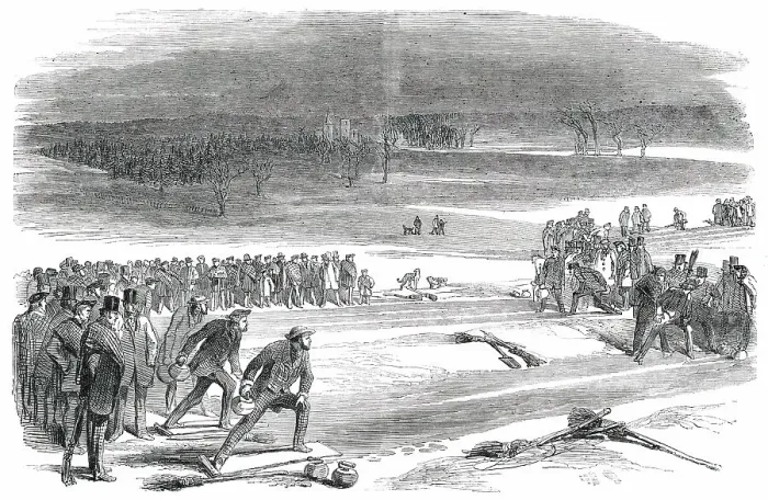 Framed Print : Curling Match between the Earl of Mansfield and the Earl of Eglington, on Airthrie Loch, 1850. Creator: Unknown Framed Print : Curling Match between the Earl of Mansfield and the Earl of Eglington, on Airthrie Loch, 1850. Creator: Unknown