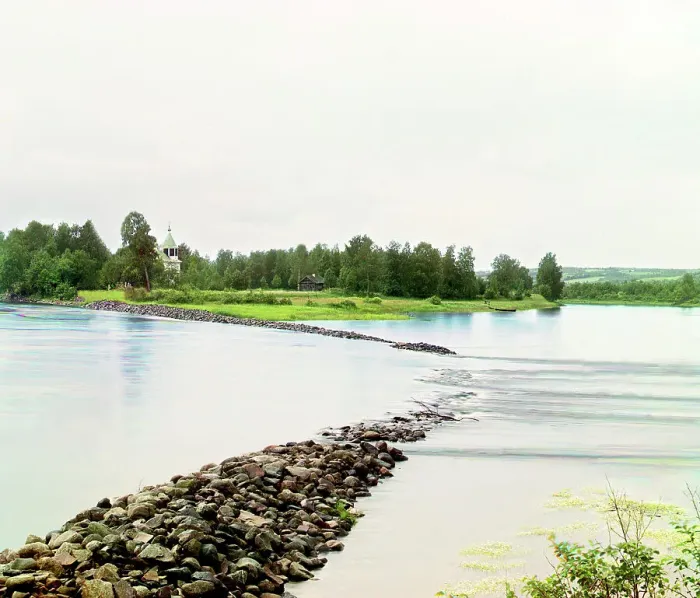 Framed Print : Current-diverting levee near the Iablonskii Island [Russian Empire], 1909. Creator: Sergey Mikhaylovich Prokudin-Gorsky
