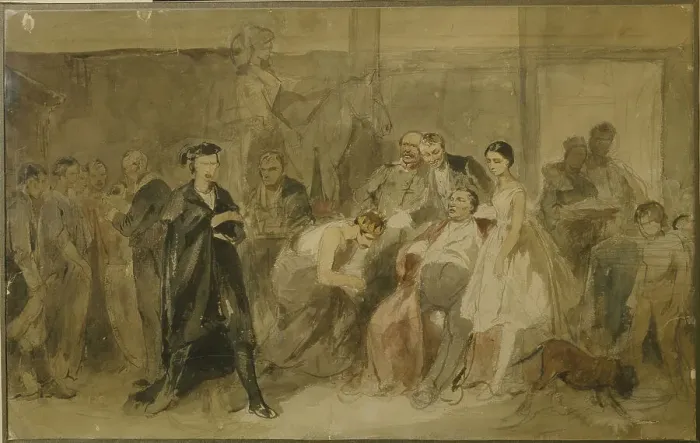 Framed Print : Behind the curtain in the serf theatre. Artist: Trutovsky, Konstantin Alexandrovich (1826-1893) Framed Print : Behind the curtain in the serf theatre. Artist: Trutovsky, Konstantin Alexandrovich (1826-1893)
