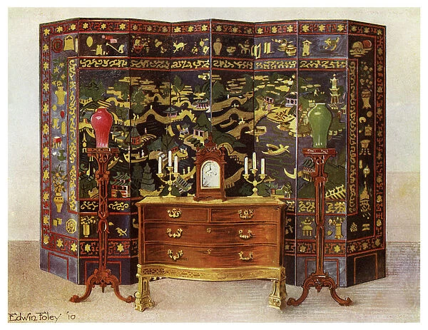Curved commode table and Chinese lacquered eight fold screen, 1911-1912. Artist: Edwin Foley