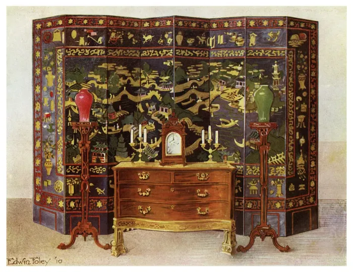 Framed Print : Curved commode table and Chinese lacquered eight fold screen, 1911-1912. Artist: Edwin Foley Framed Print : Curved commode table and Chinese lacquered eight fold screen, 1911-1912. Artist: Edwin Foley
