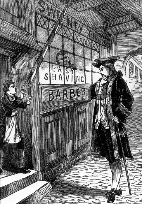 Framed Print : A customer outside Sweeney Todd's barber shop, c1880. Creator: Unknown. A customer outside Sweeney Todd's barber shop, c1880. Creator: Unknown Framed Print : A customer outside Sweeney Todd's barber shop, c1880. Creator: Unknown. A customer outside Sweeney Todd's barber shop, c1880. Creator: Unknown
