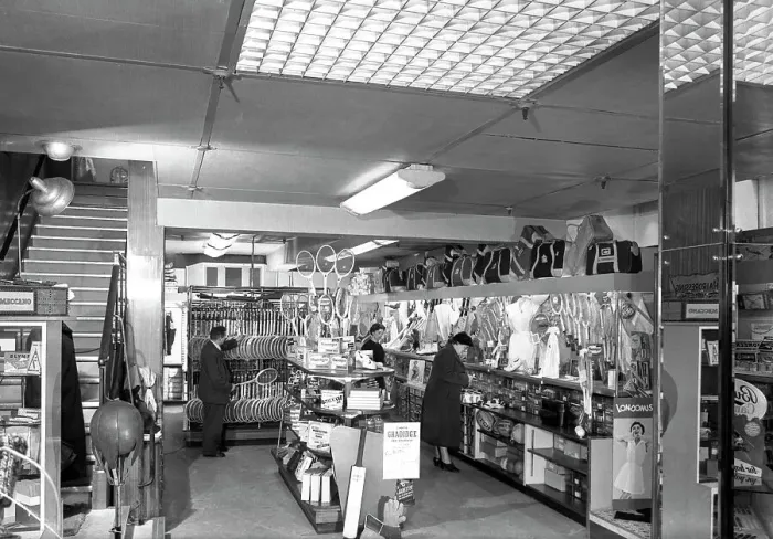 Framed Print : Customers in the Barnsley Co-ops sports department, South Yorkshire, 1957. Artist Framed Print : Customers in the Barnsley Co-ops sports department, South Yorkshire, 1957. Artist