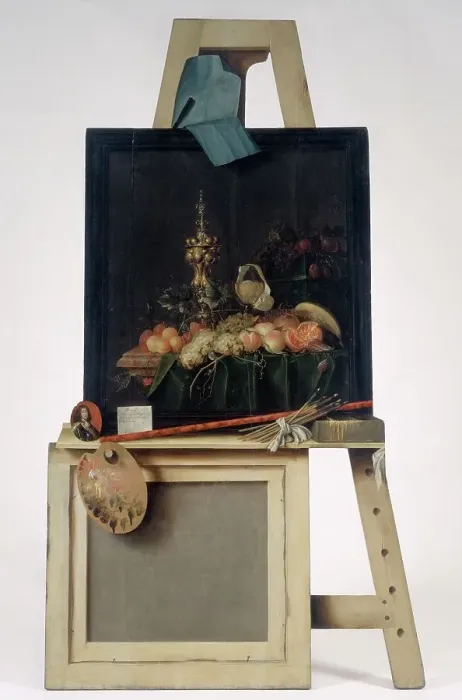 Framed Print : Cut-Out Trompe l'Oeil Easel with Fruit Piece, 1670-1672. Creator: Cornelis Norbertus Gysbrechts Framed Print : Cut-Out Trompe l'Oeil Easel with Fruit Piece, 1670-1672. Creator: Cornelis Norbertus Gysbrechts
