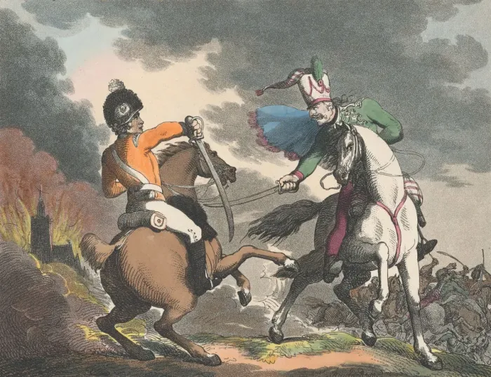 Framed Print : Cut One and Thigh Protect New Guard, 1798. 1798. Creator: Thomas Rowlandson Framed Print : Cut One and Thigh Protect New Guard, 1798. 1798. Creator: Thomas Rowlandson
