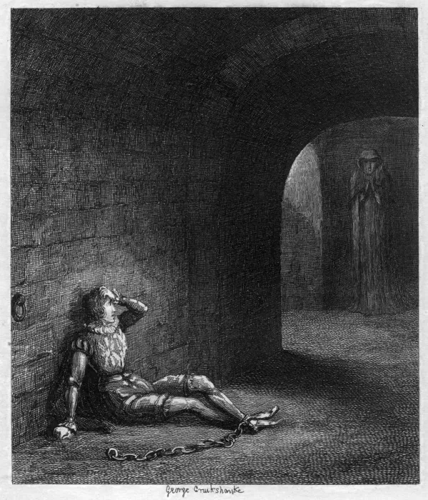 Framed Print : Cuthbert Cholmondeley surprised by the appearance of a mysterious figure, 1840. Artist: George Cruikshank Framed Print : Cuthbert Cholmondeley surprised by the appearance of a mysterious figure, 1840. Artist: George Cruikshank