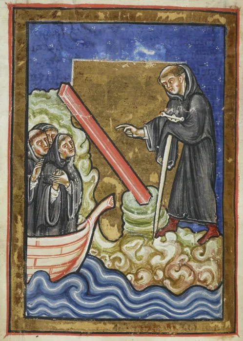 Framed Print : Cuthbert discovers the piece of timber washed up with the tide...last quarter 12th century. Creator: Anon Framed Print : Cuthbert discovers the piece of timber washed up with the tide...last quarter 12th century. Creator: Anon