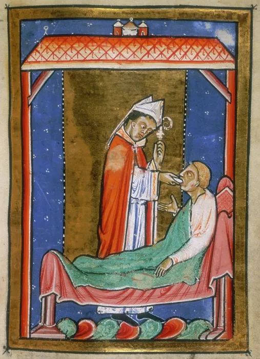 Framed Print : Cuthbert healing an ill man, last quarter of the 12th century. Creator: Unknown Framed Print : Cuthbert healing an ill man, last quarter of the 12th century. Creator: Unknown