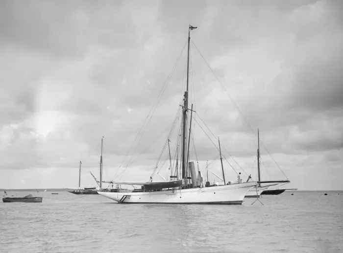Framed Print : The cutter Yolande at anchor, 1912. Creator: Kirk & Sons of Cowes Framed Print : The cutter Yolande at anchor, 1912. Creator: Kirk & Sons of Cowes