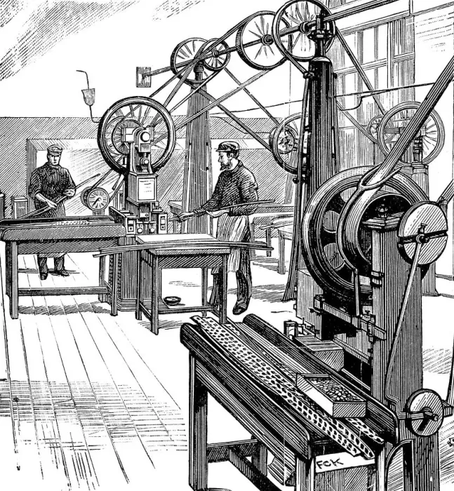 Framed Print : Cutting coin blanks from metal strips, Royal Mint, London, 1897 Framed Print : Cutting coin blanks from metal strips, Royal Mint, London, 1897