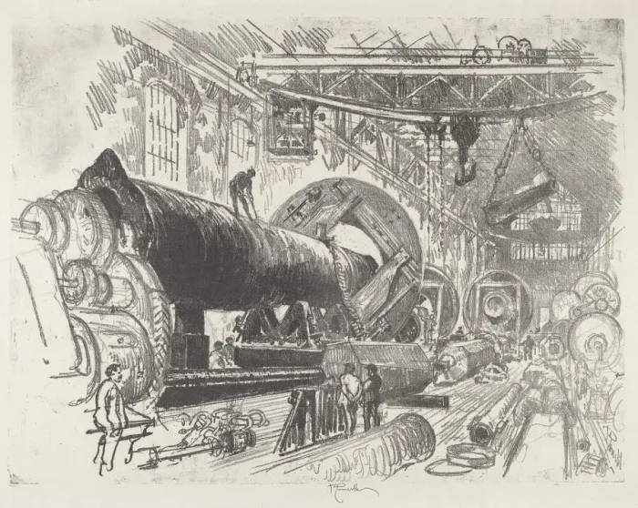 Framed Print : Cutting and Turning a Big Gun, 1916. Creator: Joseph Pennell Framed Print : Cutting and Turning a Big Gun, 1916. Creator: Joseph Pennell