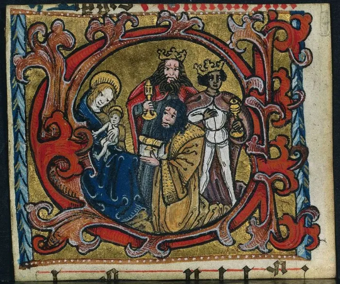Framed Print : Three Cuttings from a Missal: Initial C with the Adoration of the Magi, c. 1470-1500 Framed Print : Three Cuttings from a Missal: Initial C with the Adoration of the Magi, c. 1470-1500