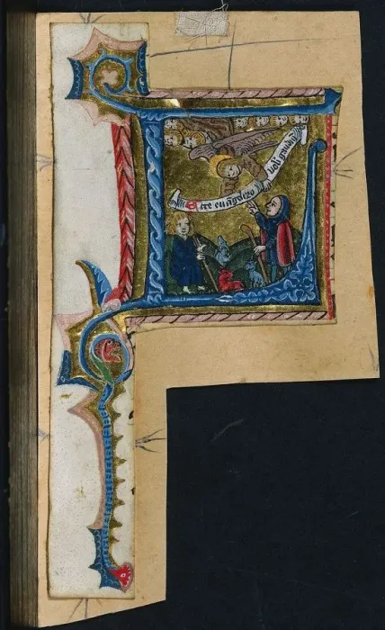 Framed Print : Three Cuttings from a Missal: Initial L with the Annunciation to the Shepherds, c Framed Print : Three Cuttings from a Missal: Initial L with the Annunciation to the Shepherds, c