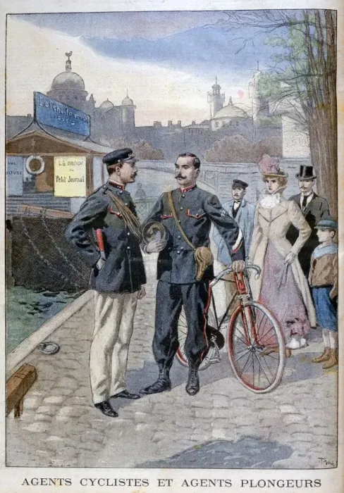 Framed Print : A cycle and water police officer, Paris, 1900. Artist: Oswaldo Tofani Framed Print : A cycle and water police officer, Paris, 1900. Artist: Oswaldo Tofani