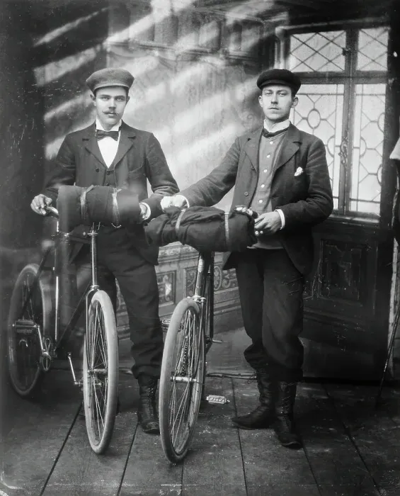 Framed Print : Cyclists in the studio; two men with bicycles, 1890-1910. Creator: Lars Olsson Akerman Framed Print : Cyclists in the studio; two men with bicycles, 1890-1910. Creator: Lars Olsson Akerman