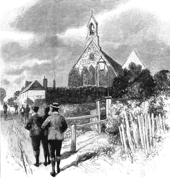 Framed Print : The Cyclists Sunday Dinner at Ripley; The Church at which the Cyclists Service is held. 1891. Creator: Charles Joseph Staniland Framed Print : The Cyclists Sunday Dinner at Ripley; The Church at which the Cyclists Service is held. 1891. Creator: Charles Joseph Staniland