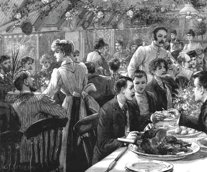Framed Print : The Cyclists Sunday Dinner at Ripley; The Clubs at Dinner. 1891. Creator: Charles Joseph Staniland Framed Print : The Cyclists Sunday Dinner at Ripley; The Clubs at Dinner. 1891. Creator: Charles Joseph Staniland