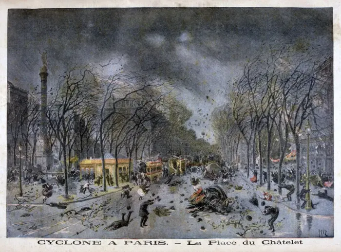 Framed Print : A cyclone in Paris, Place du Chatelet, 1896. Artist: Henri Meyer Framed Print : A cyclone in Paris, Place du Chatelet, 1896. Artist: Henri Meyer