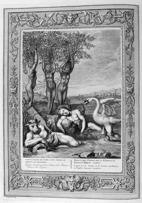 Framed Print : Cygnus transformed into a swan and Phaetons sisters into poplars, 1733. Artist: Bernard Picart Framed Print : Cygnus transformed into a swan and Phaetons sisters into poplars, 1733. Artist: Bernard Picart