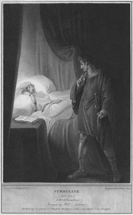 Framed Print : Cymbeline. Act 2 Scene 2. A Bedchamber. Imogen in Bed. Jachimo, 1795. Artist: James Stow Framed Print : Cymbeline. Act 2 Scene 2. A Bedchamber. Imogen in Bed. Jachimo, 1795. Artist: James Stow