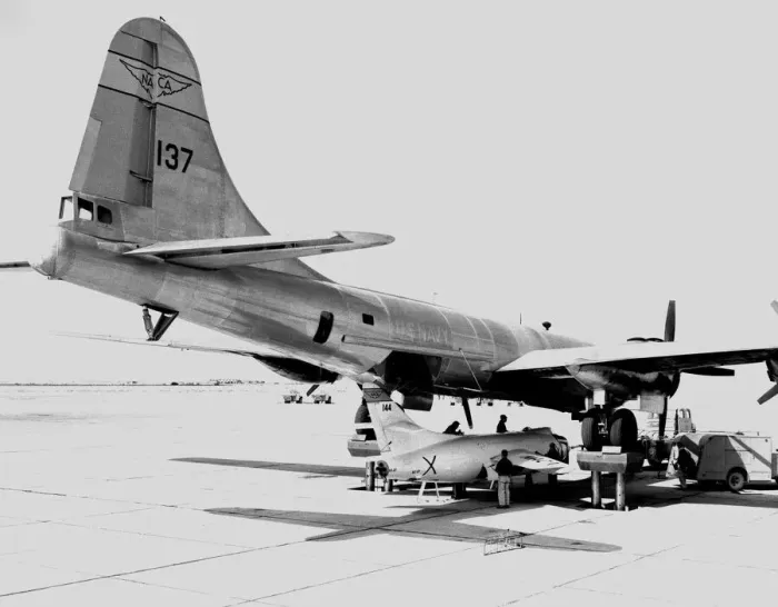 Framed Print : D-558-2 being mounted to P2B 1S launch aircraft, USA, 1953. Creator: Unknown Framed Print : D-558-2 being mounted to P2B 1S launch aircraft, USA, 1953. Creator: Unknown