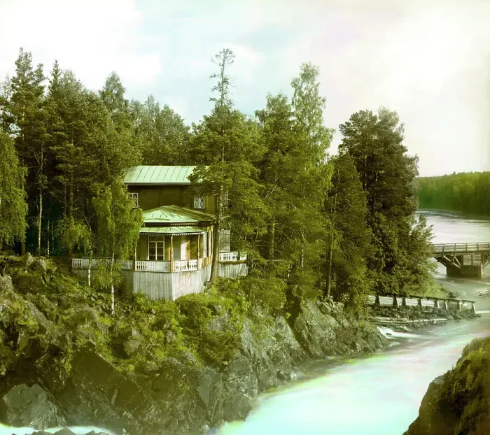 Framed Print : Dacha near Kivach waterfall, Suna River, 1915. Creator: Sergey Mikhaylovich Prokudin-Gorsky Framed Print : Dacha near Kivach waterfall, Suna River, 1915. Creator: Sergey Mikhaylovich Prokudin-Gorsky