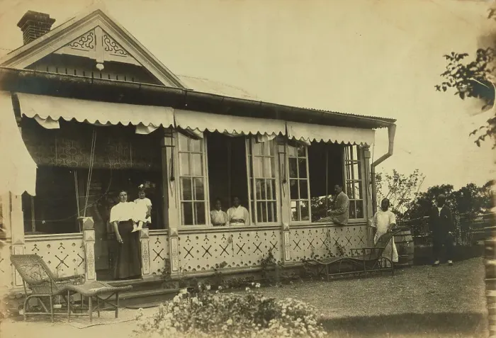 Framed Print : Dacha Seyuza, with the Pray family and servants posed on the front porch... between 1907 and 1909. Creator: Eleanor Lord Pray Framed Print : Dacha Seyuza, with the Pray family and servants posed on the front porch... between 1907 and 1909. Creator: Eleanor Lord Pray