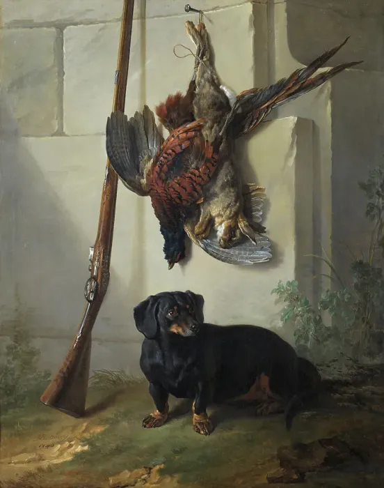 Framed Print : The Dachshound Pehr with Dead Game and Rifle, 1740. Creator: Jean-Baptiste Oudry Framed Print : The Dachshound Pehr with Dead Game and Rifle, 1740. Creator: Jean-Baptiste Oudry