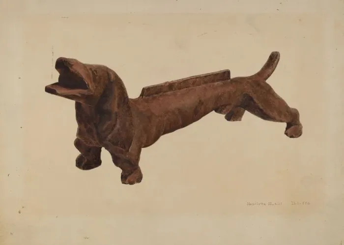 Framed Print : Dachsund Foot Scraper, c. 1942. Creator: Henrietta S. Hukill Framed Print : Dachsund Foot Scraper, c. 1942. Creator: Henrietta S. Hukill