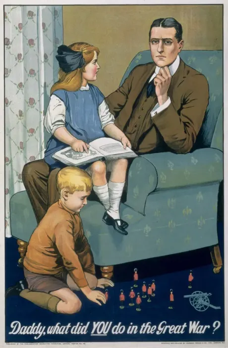 Framed Print : Daddy, What did you do in the Great War?, British recruitment poster, c1940. Artist: Johnson