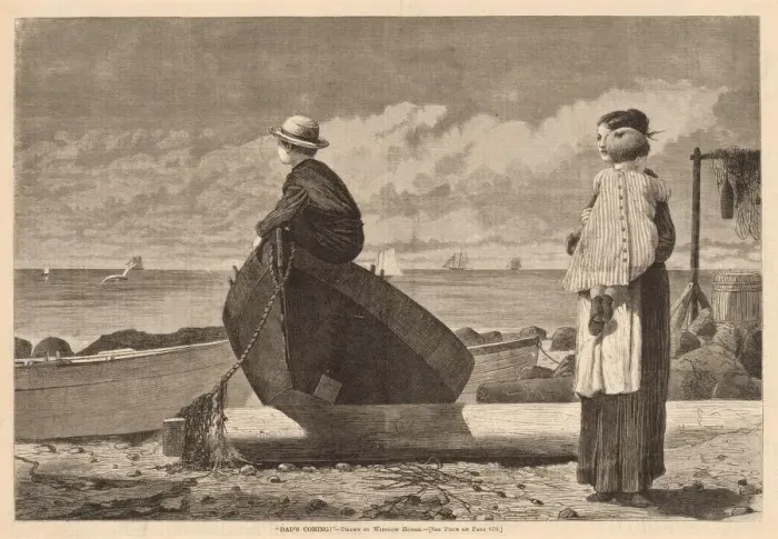 Framed Print : Dads Coming!, published 1873. Creator: Winslow Homer Framed Print : Dads Coming!, published 1873. Creator: Winslow Homer