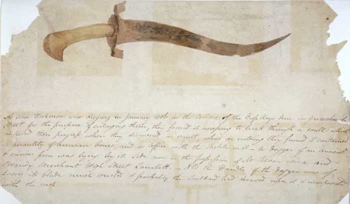 Framed Print : Dagger found in the cellars of the Cross Keys Inn, Gracechurch Street, City of London, 1806 Framed Print : Dagger found in the cellars of the Cross Keys Inn, Gracechurch Street, City of London, 1806