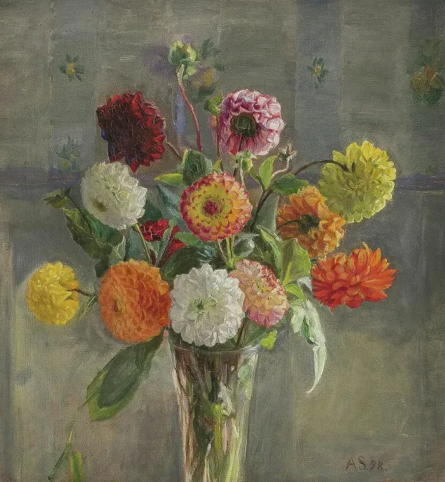 Framed Print : Dahlias in a glass, 1898. Creator: Anna Syberg Framed Print : Dahlias in a glass, 1898. Creator: Anna Syberg