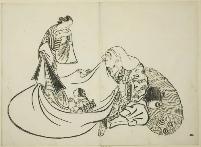 Framed Print : Daikoku revealing the contents of Hoteis bag, no. 2 from the series of 12 prints, c Framed Print : Daikoku revealing the contents of Hoteis bag, no. 2 from the series of 12 prints, c